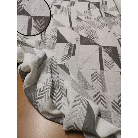 Tessuto al metro in 100% lino bianco con disegno geometrico grigio scuro