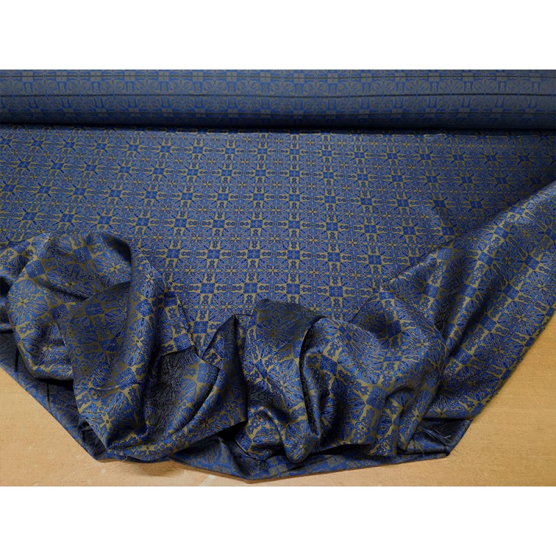Tessuto al metro di seta con disegno ornamentale color blu e salvia -  Magzero1 S.R.L.S.