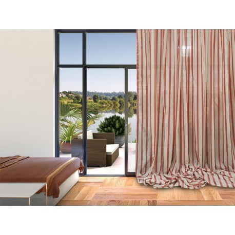 Tenda a righe verticali in mussola di cotone color beige e bordeaux
