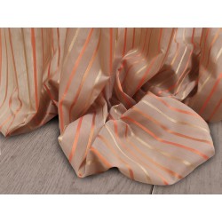 Tessuto a metraggio in mussola di cotone Polinesia color nocciola a righe arancioni, bronzo e oro