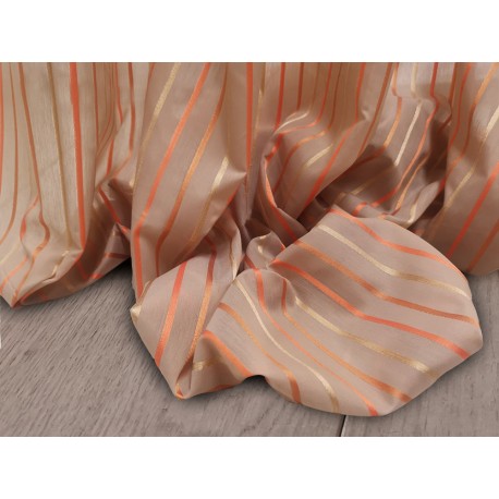 Tessuto a metraggio in mussola di cotone Polinesia color nocciola a righe arancioni, bronzo e oro